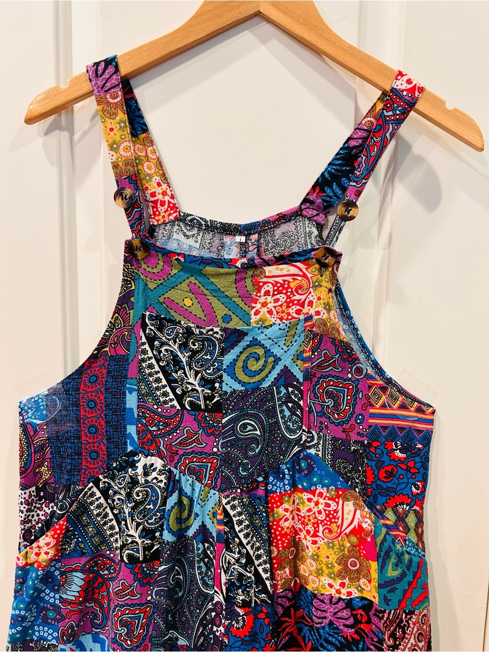 Multicolor Patchwork Print Women's Overalls Cotton with Pockets Size Large - Picture 3 of 10